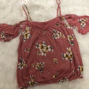 Pink floral cold shoulder top